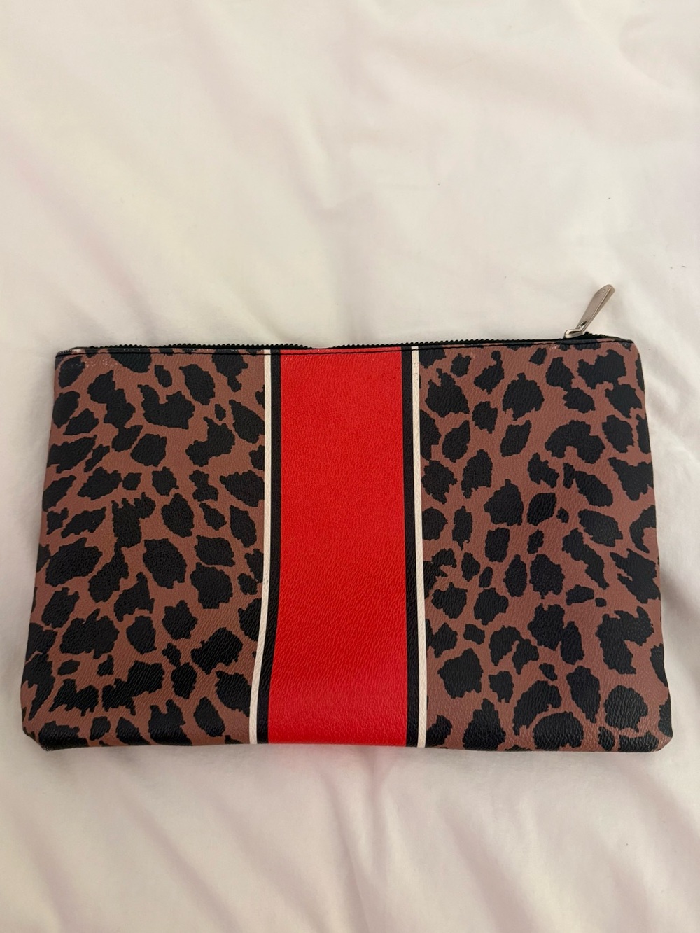 C. Wonder Leopard Print Zip Clutch with Red Center Stripe